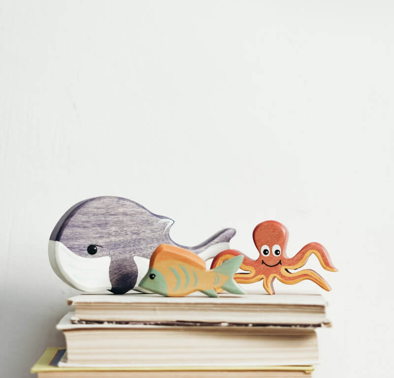 A collection of ocean-themed animal toys